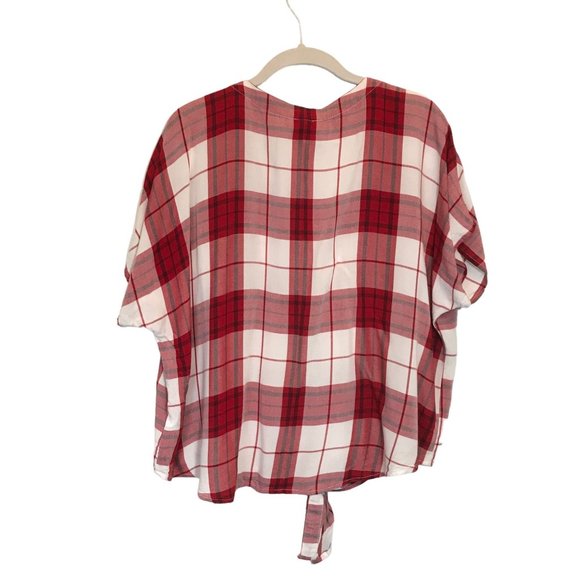 Universal Thread V-Neck Tie Front Plaid Top in Red White - Size XXL - Picture 4 of 7